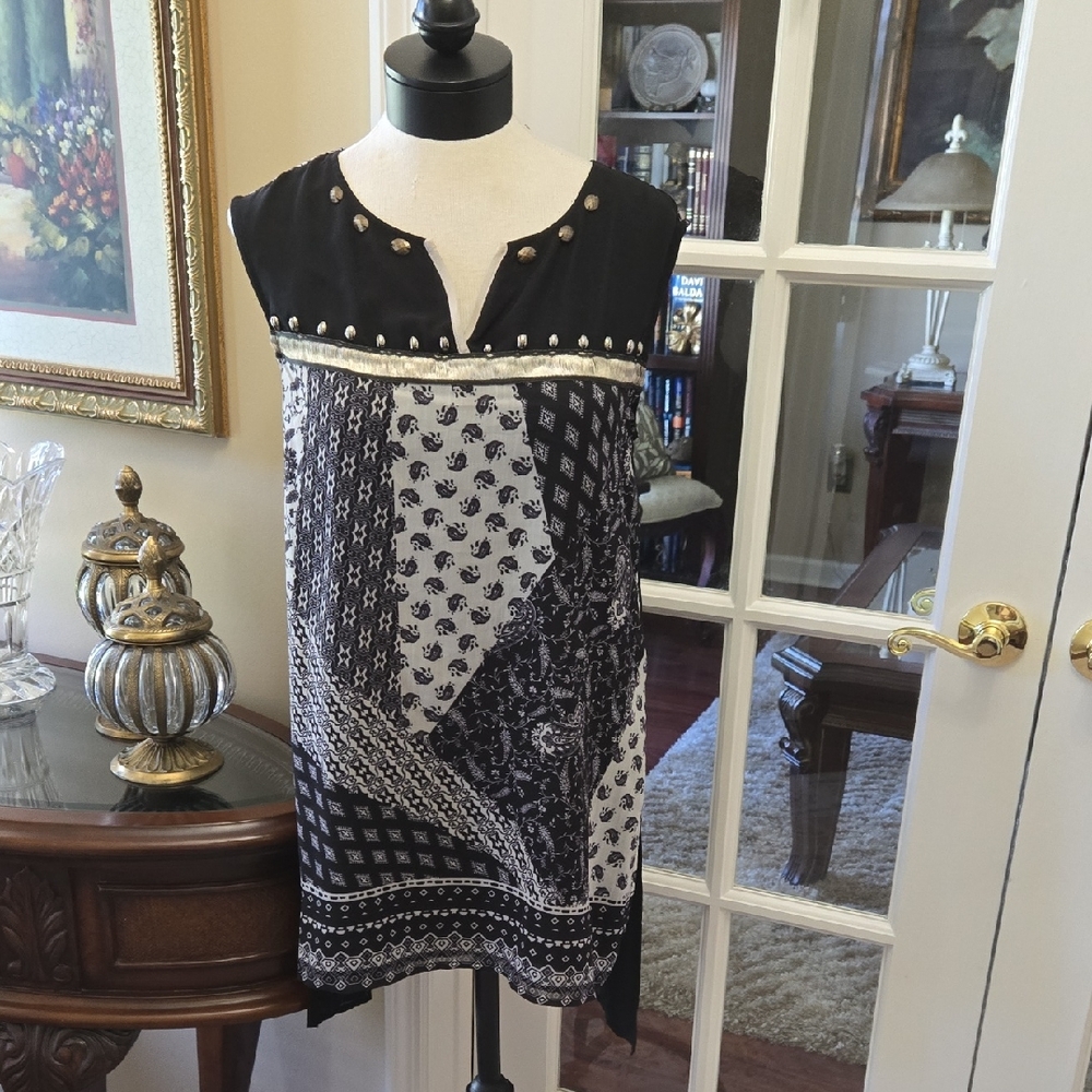 Christina Black White Patchwork Tunic Top Beaded Sleeveless Long Back Med EUC